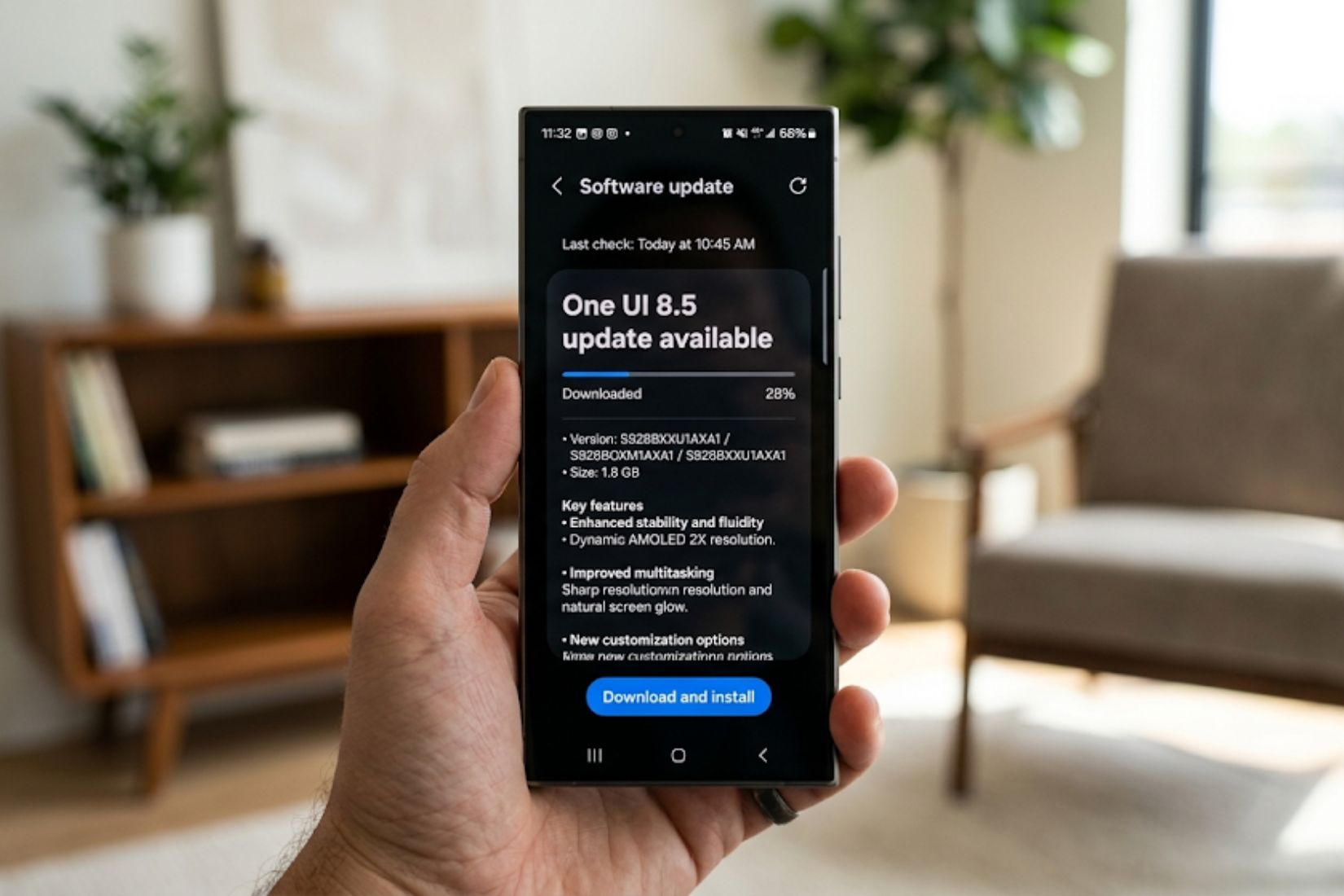 Smartphone affichant 'Mise à jour logicielle One UI 8.5