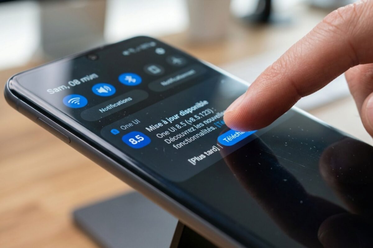 Doigt touchant l'écran pour télécharger One UI 8.5