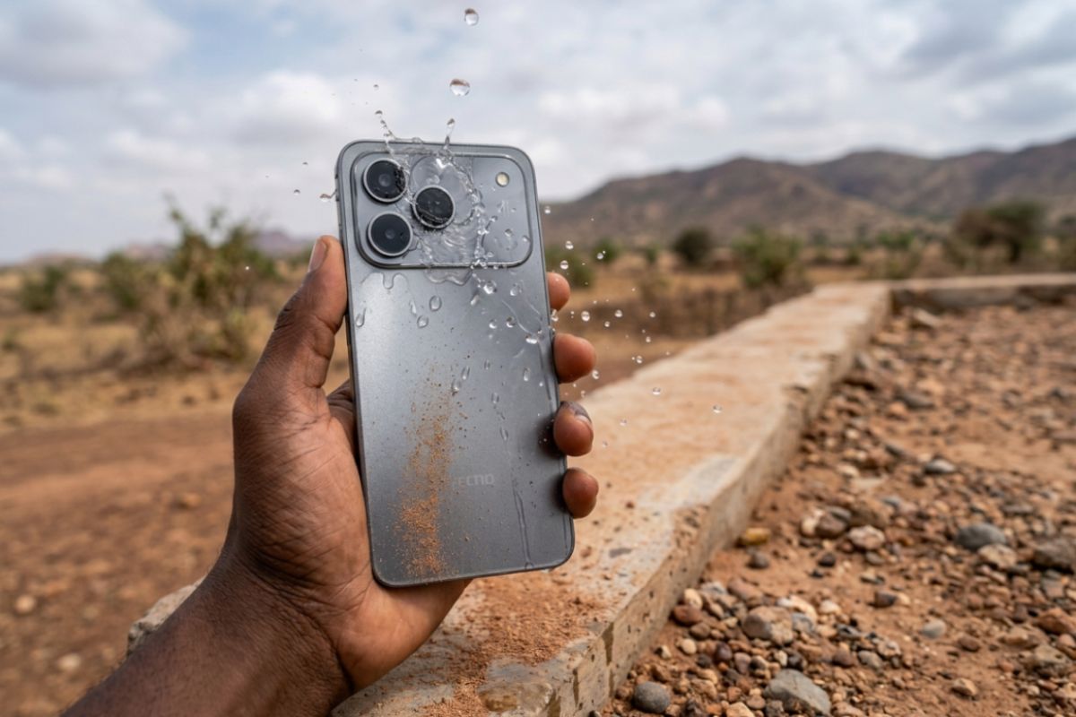 Tecno Spark 50 dans une main sous la pluie et la poussière